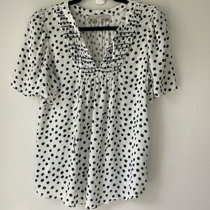 Loft size S black and white polka dot sort sleeve top with smocking and tie